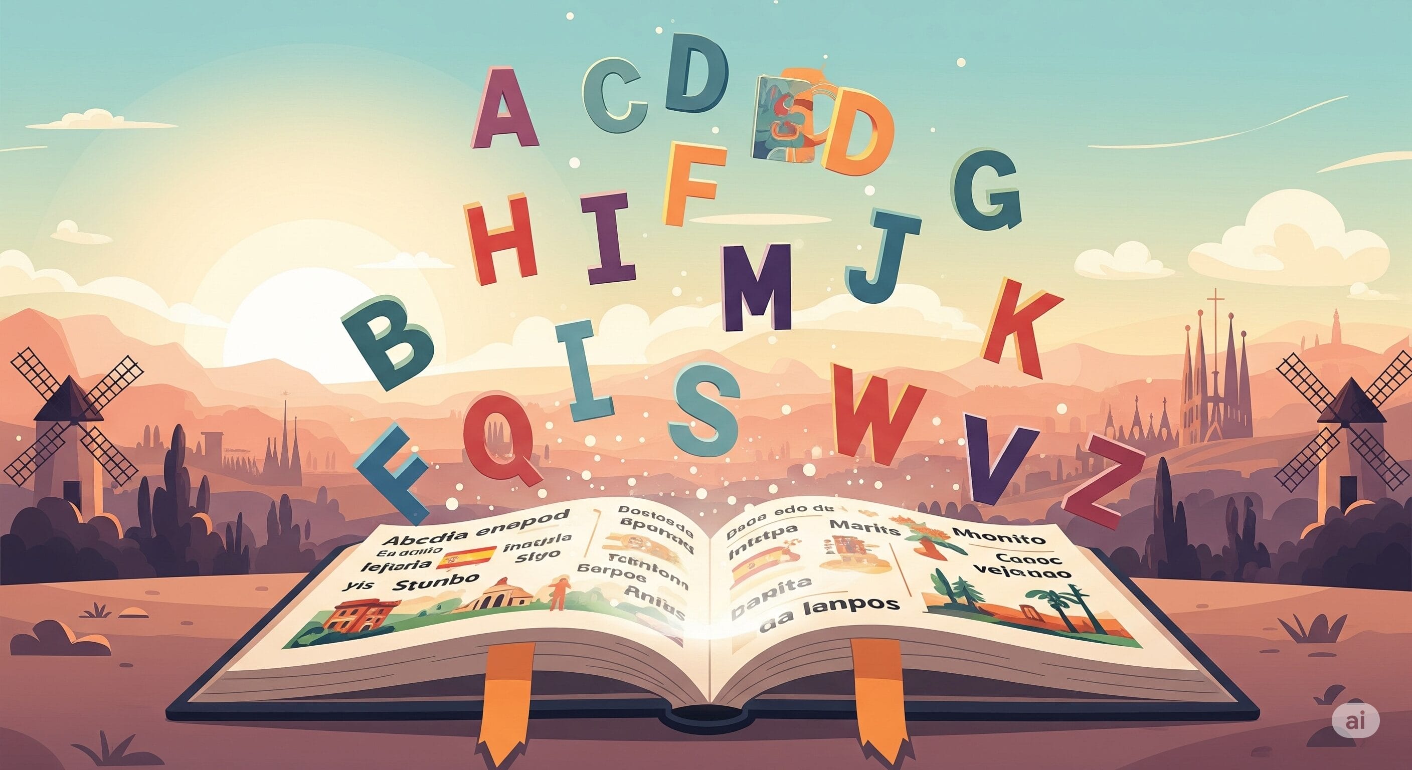 風車と山々を背景にした美しい屋外の風景の中に、開いた本とその上に浮かぶカラフルなアルファベットの文字。.