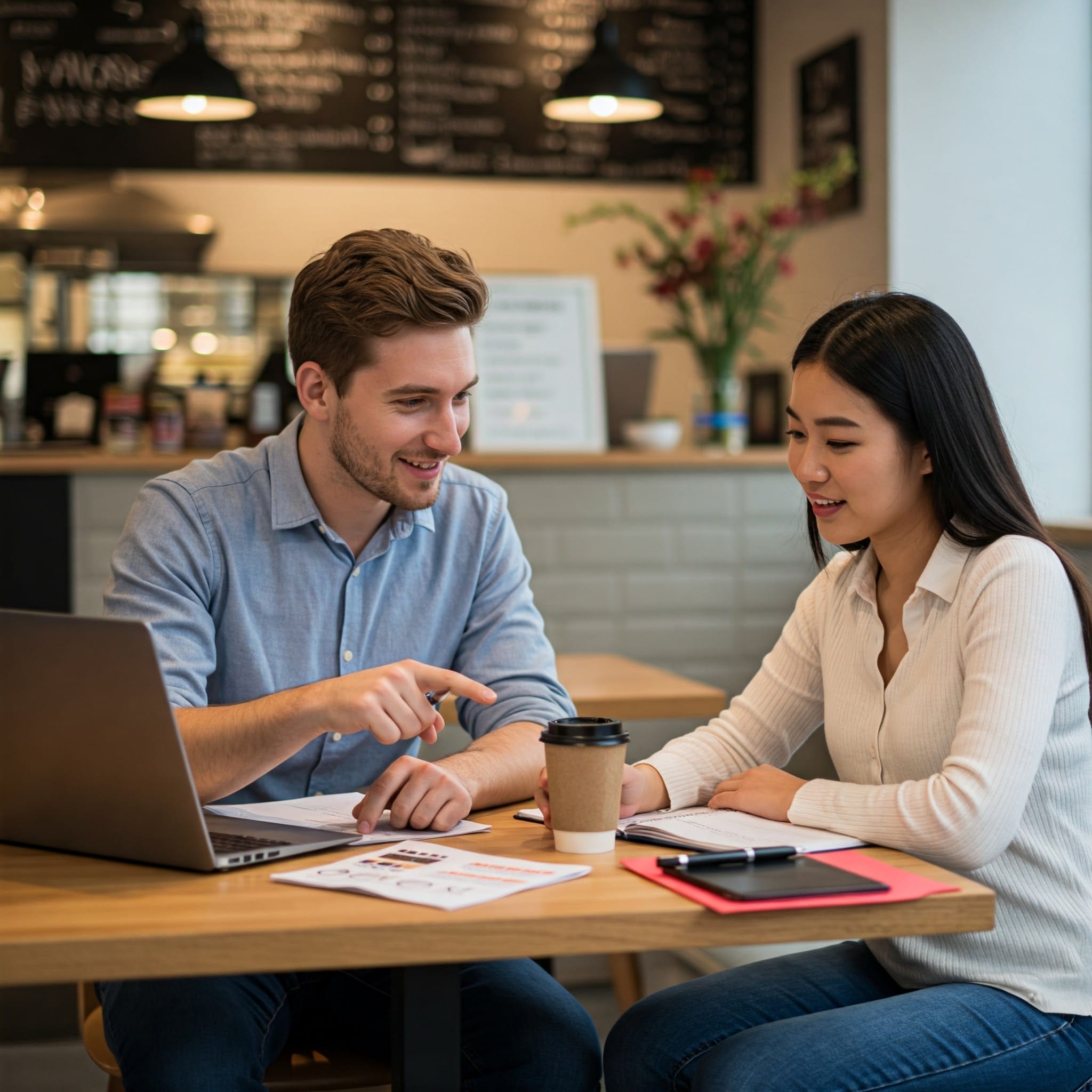 2 人がカフェのテーブルに座り、コーヒー カップとメモ帳を前にして、書類について話し合ったりノートパソコンを使ったりしています。.
