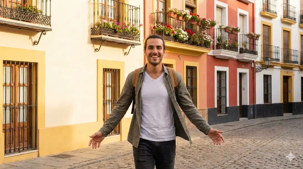 カラフルな建物やバルコニーを背景に、バックパックを背負った男が石畳の道に微笑みながら立っている。.