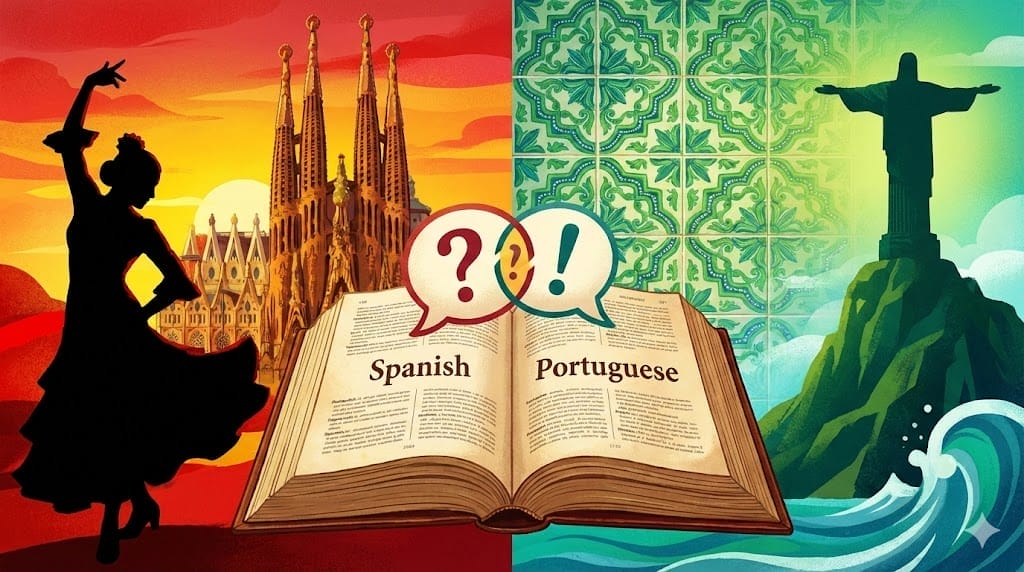 スペイン語とポルトガル語を比較したイラスト。左側にスペインの名所とフラメンコダンサー、右側にポルトガル語のタイルとキリスト像が描かれている。.