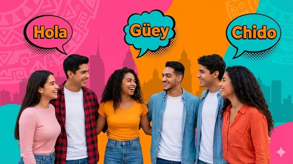 6人の若い大人が一列に並び、笑顔で話している。彼らの上にある吹き出しには、カラフルな背景にスペイン語の「Hola」、「Güey」、「Chido」が表示されている。.