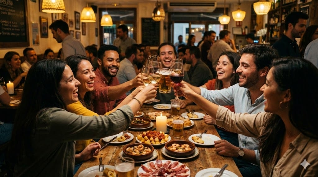 レストランのテーブルを囲み、グラスを掲げて乾杯する人々。テーブルの上には料理の皿とキャンドルが置かれている。.