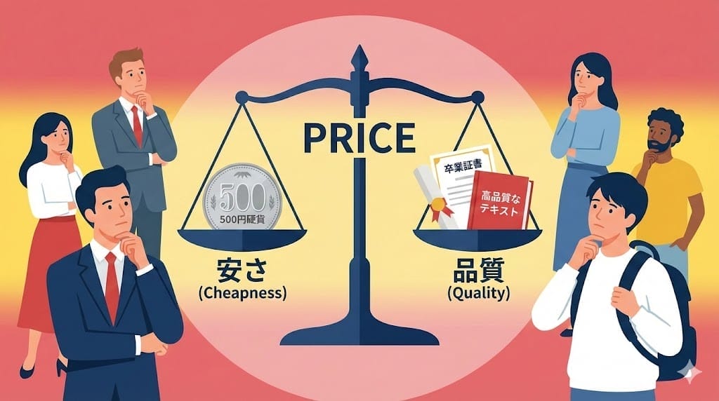 PRICE "と書かれた天秤の片側には安物とコイン、もう片側には本などの上質なものが置かれ、人々が思案しているイラストが描かれている。.